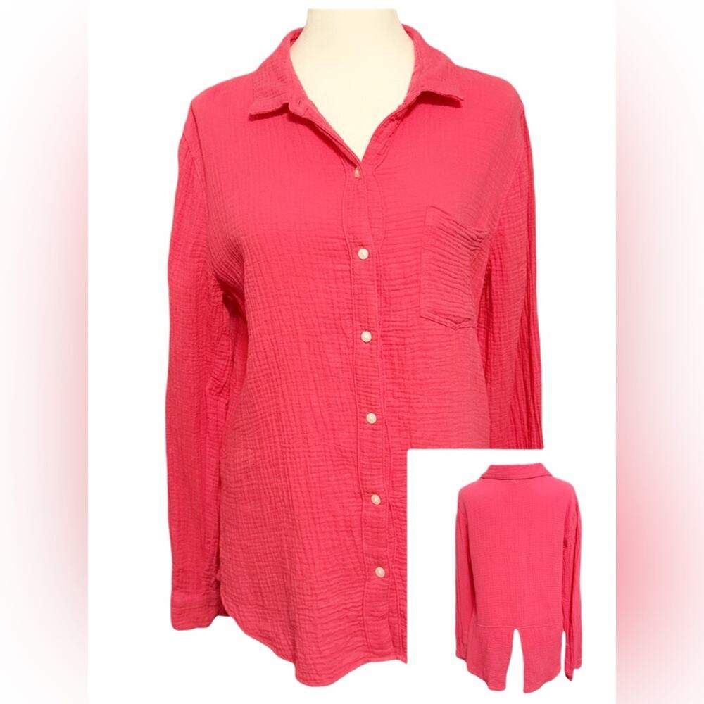 Lucky Brand Pink Split Back Hem Long Sleeve Button‎ Down Shirt Top Size S/P